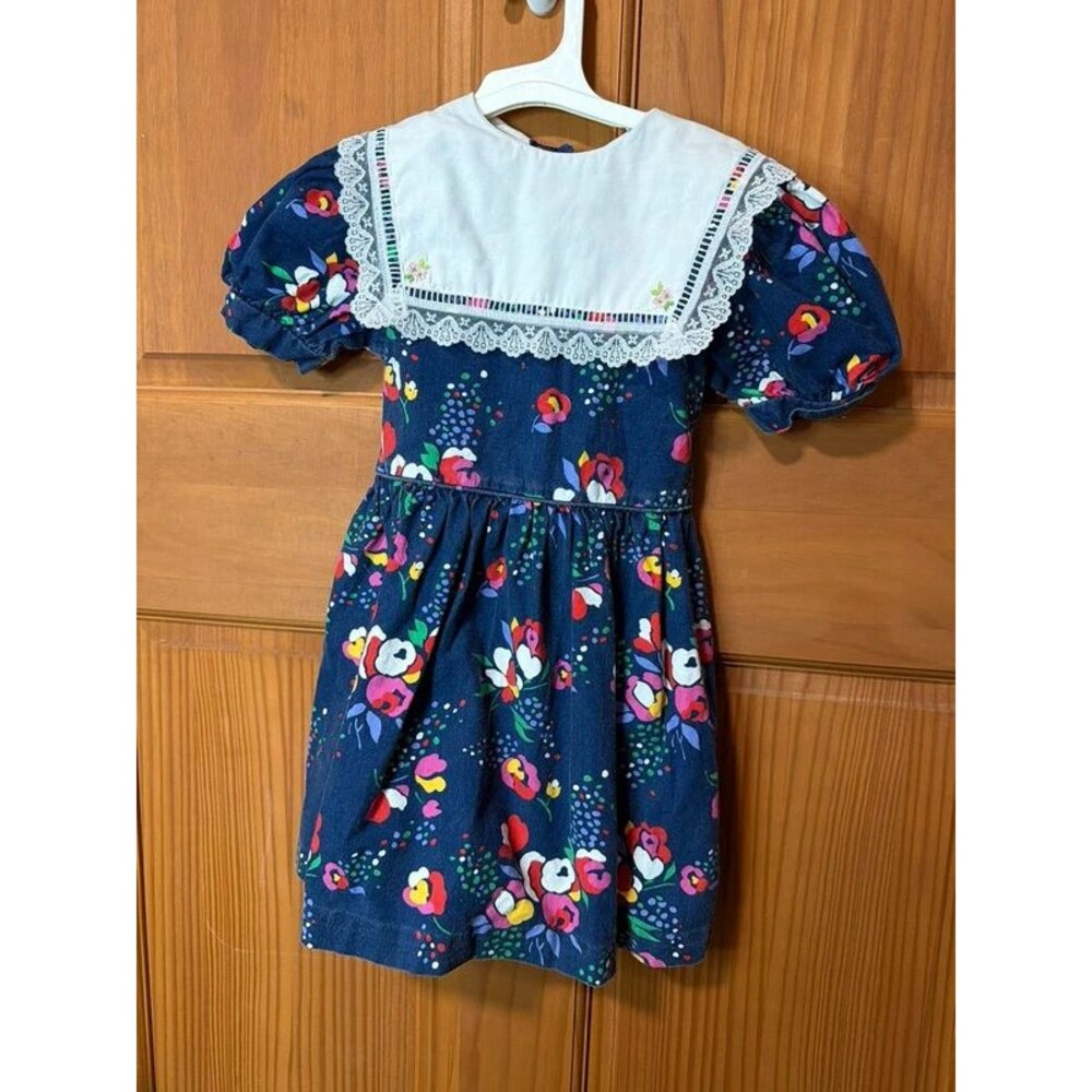 Vintage Toddler Dress Navy Floral with Puff Sleeves & Peter Pan Collar